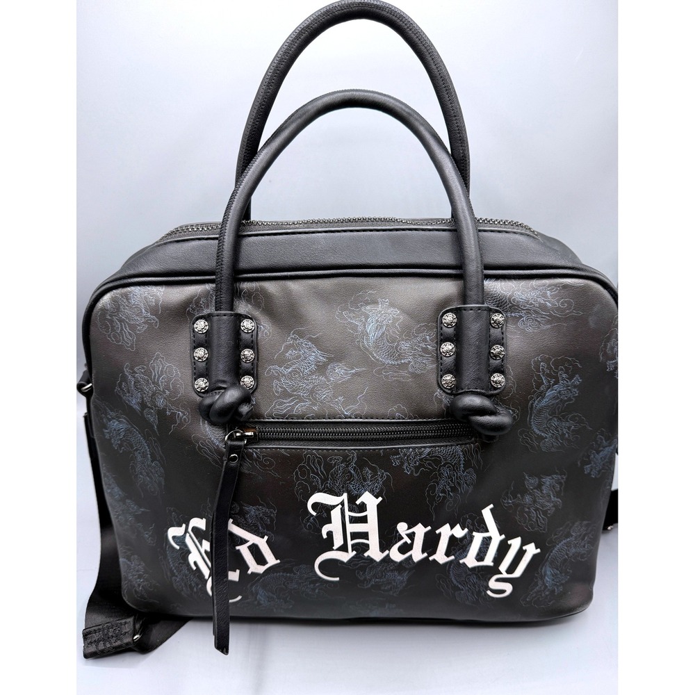 Ed Hardy Black Tattoo Satchel Broken Hearts Fairytales Crossbody Bag Studded - Picture 4 of 16